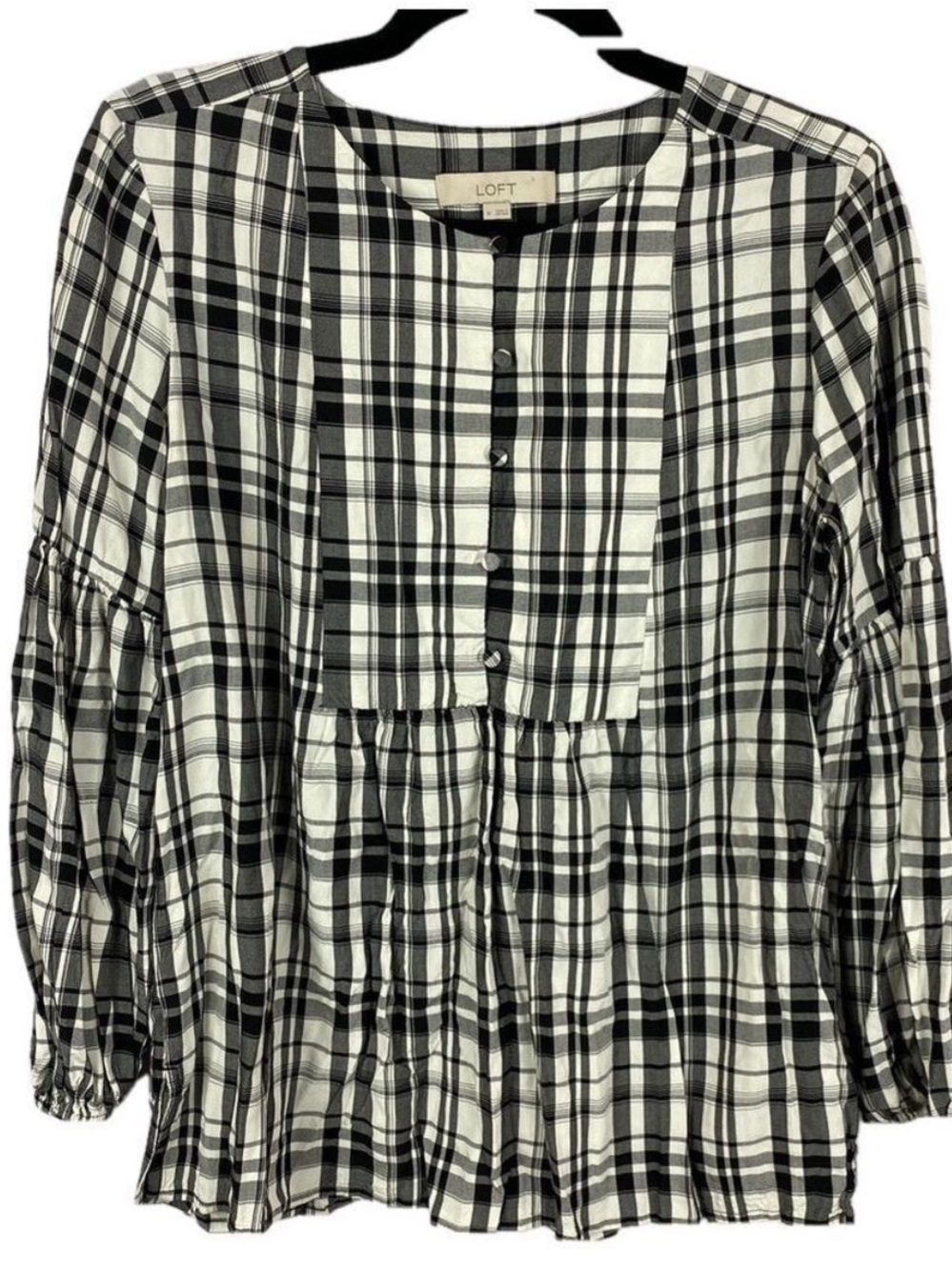 ✨3/$21✨ LOFT Medium Black Cream Plaid Peplum Babydoll Blouse